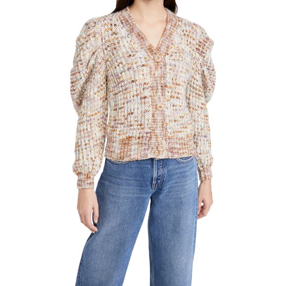 Ulla Johnson Fiora Merino Wool Button Front Puff Sleeve Fawn Cardigan Sweater - Picture 6 of 7